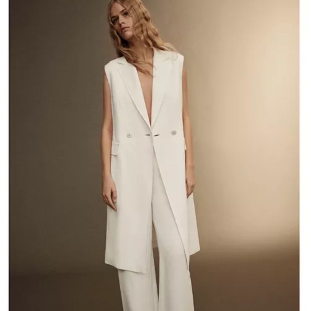 MaxMara Studio Rosanna Long Double Breasted Vest White Linen Blend Size 6‎